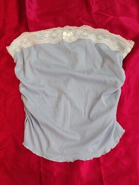 Light Blue Ribbed Tube Top with White Lace Trim